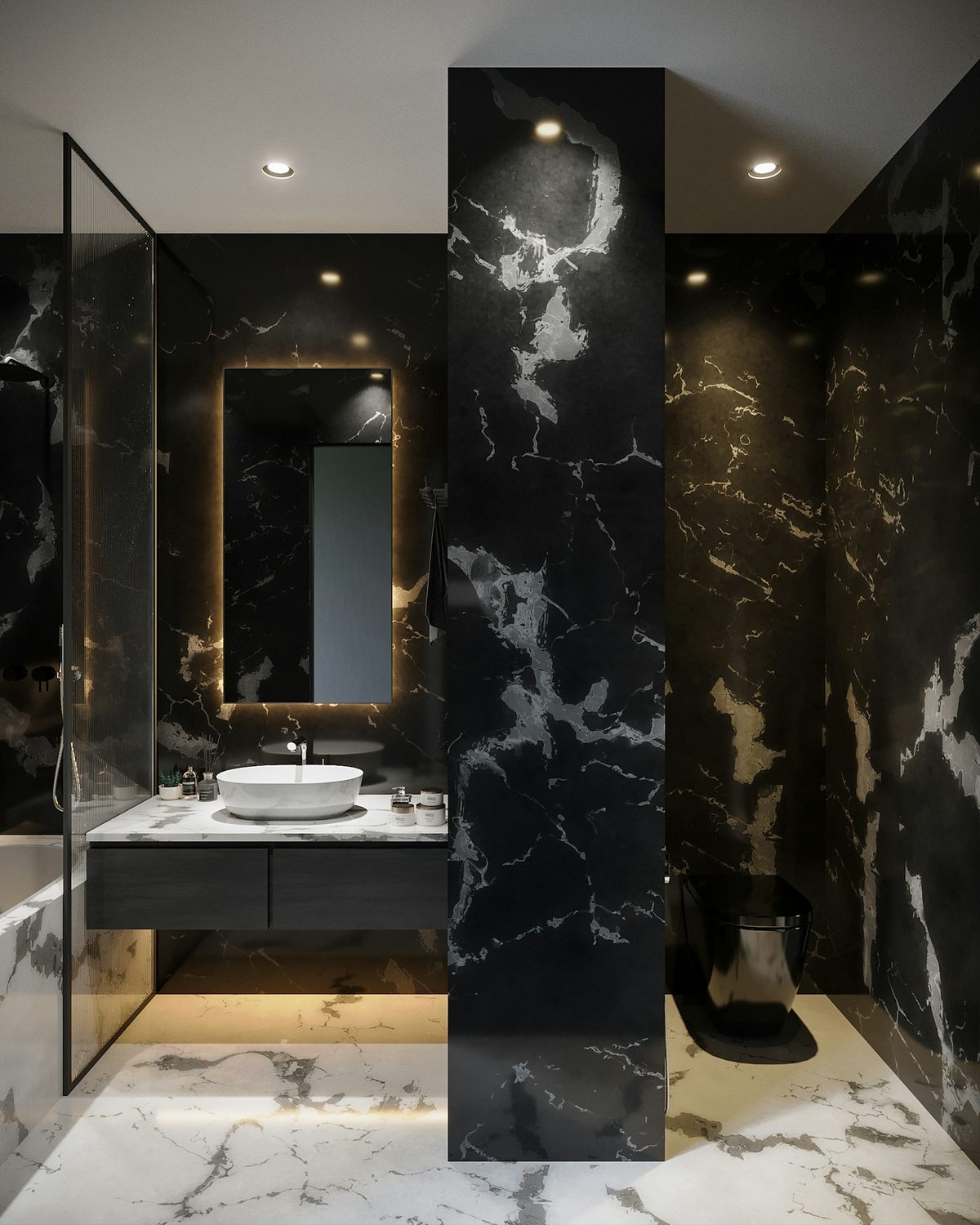 Dark marble bathroom with soft lighting